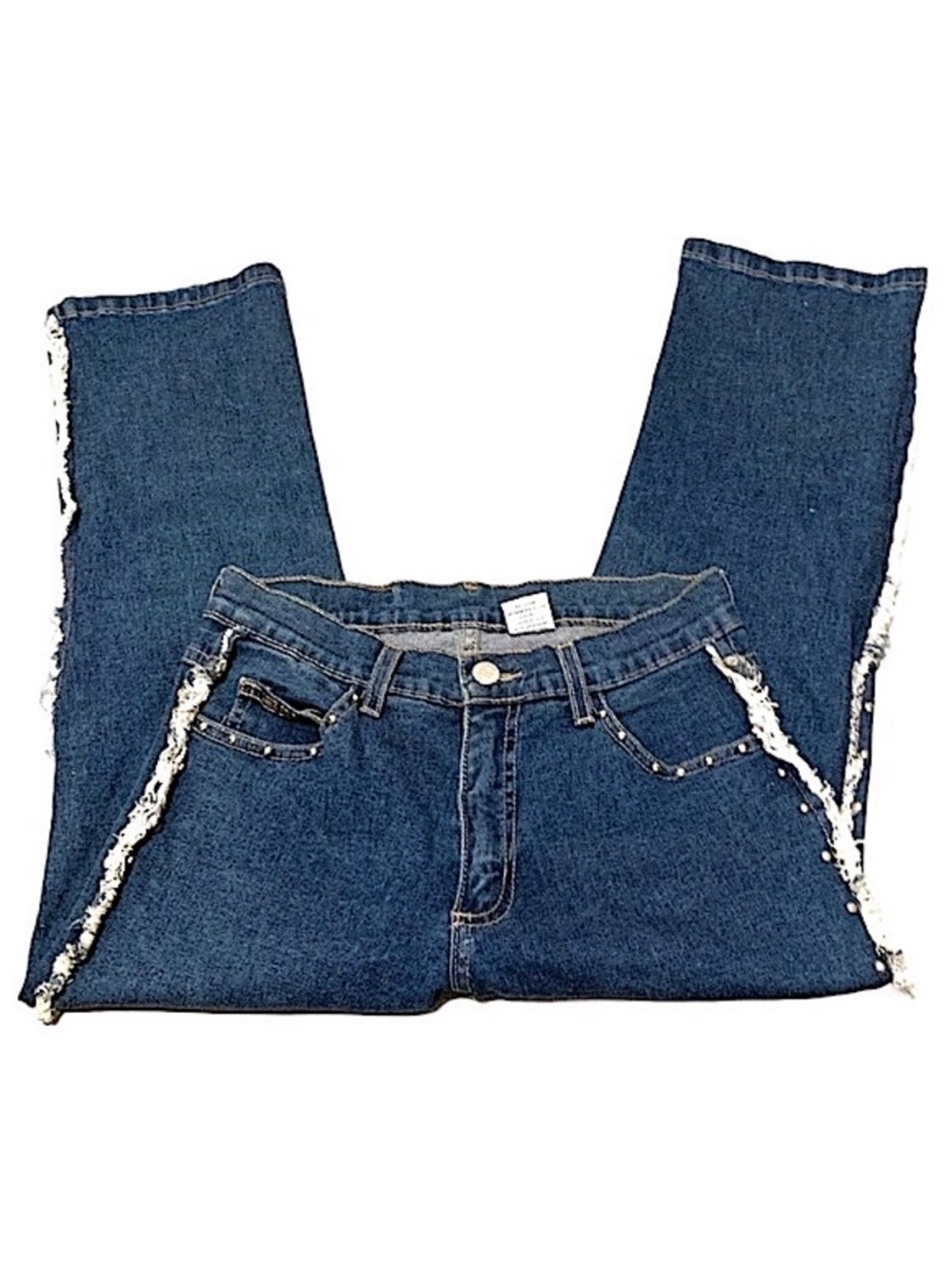 Y2K Windsor HNG Beaded Studded Frayed Fringe Trim Distressed Capri Cropped Jeans